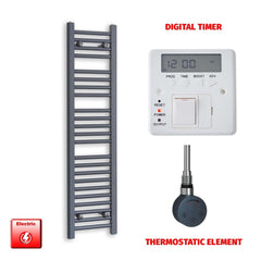 Thermostatic Element + Digital Timer 300 x 1200mm Flat Anthracite Pre-Filled Electric Towel Rail