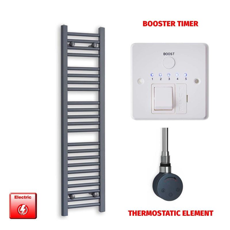 Thermostatic Element + Booster Timer 300 x 1200mm Flat Anthracite Pre-Filled Electric Towel Rail