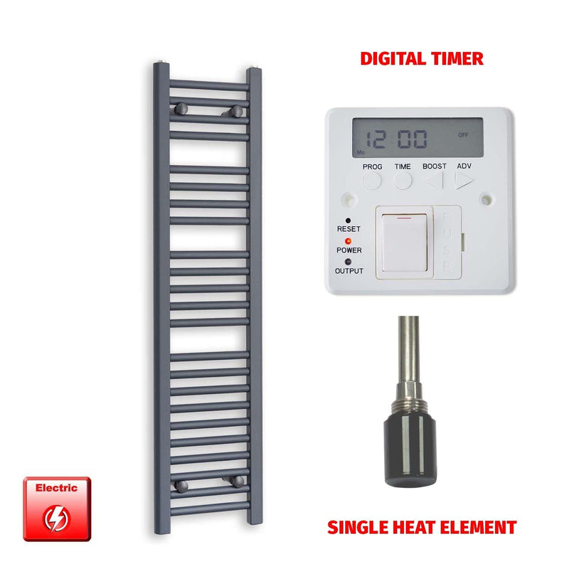 Single Heat Element + Digital Timer 300 x 1200mm Flat Anthracite Pre-Filled Electric Towel Rail