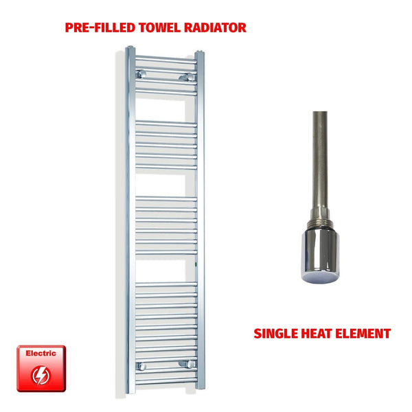 Single Heat Element 300 x 1400 Flat Chrome Pre-Filled Electric Towel Radiator