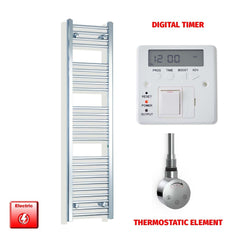 Thermostatic Element + Digital Timer 300 x 1400 Flat Chrome Pre-Filled Electric Towel Radiator