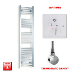 Thermostatic Element + Wifi Timer 300 x 1400 Flat Chrome Pre-Filled Electric Towel Radiator