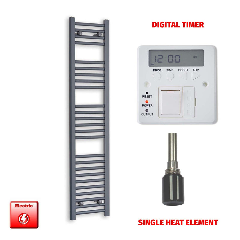 Single Heat Element + Digital Timer 300 x 1400mm Flat Anthracite Pre-Filled Electric Towel Rail