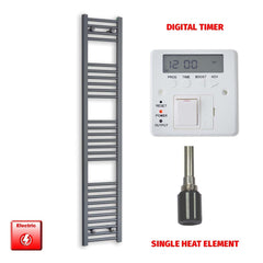 Single Heat Element + Digital Timer 300 x 1600 Flat Anthracite Pre-Filled Electric Towel Rail