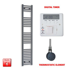 Thermostatic Element + Digital Timer 300 x 1600 Flat Anthracite Pre-Filled Electric Towel Rail
