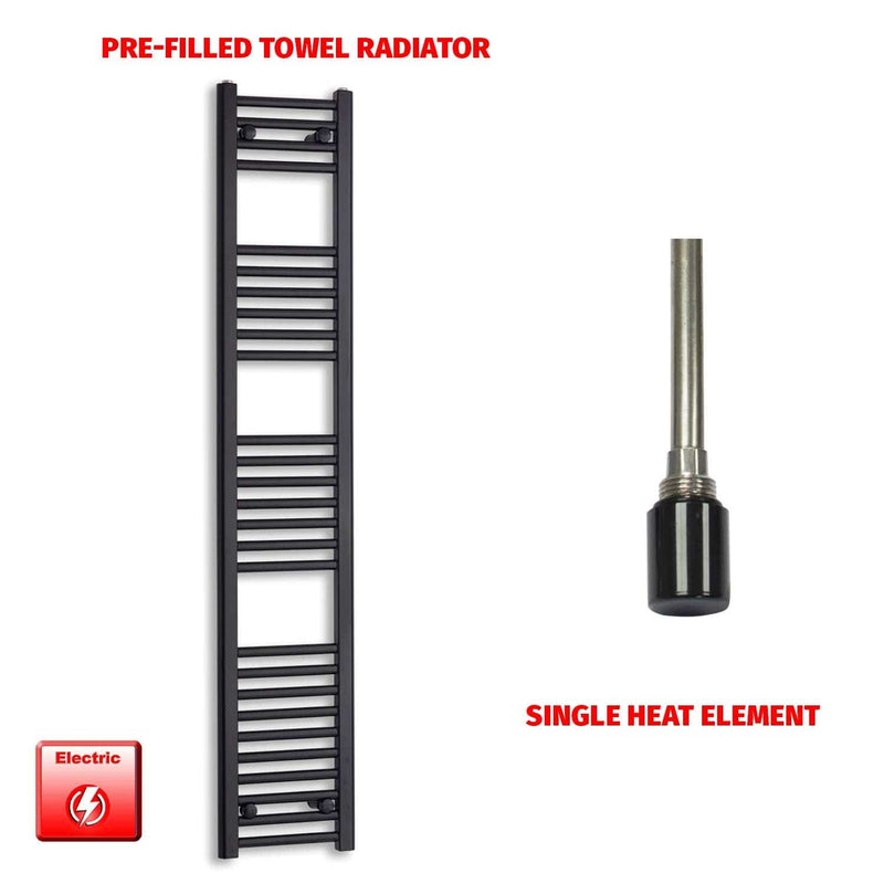 Single Heat Element 300 x 1600 Flat Black Pre-Filled Electric Towel Radiator