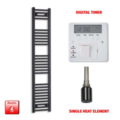 Single Heat Element + Digital Timer 300 x 1600 Flat Black Pre-Filled Electric Towel Radiator