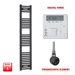 Thermostatic Element + Digital Timer 300 x 1600 Flat Black Pre-Filled Electric Towel Radiator