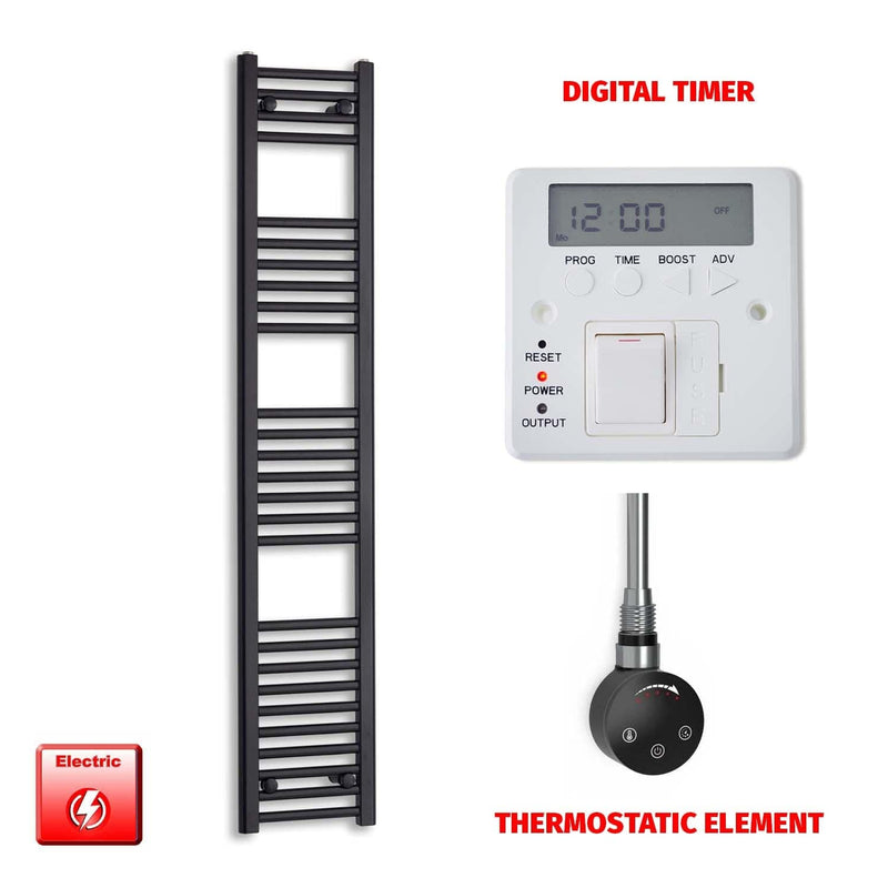Thermostatic Element + Digital Timer 300 x 1600 Flat Black Pre-Filled Electric Towel Radiator