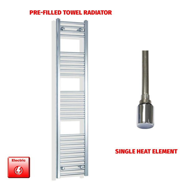 Single Heat Element 300 x 1600 Flat Chrome Pre-Filled Electric Heated Towel Rail