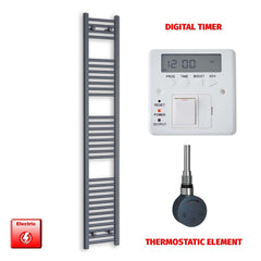 Thermostatic Element + Digital Timer 300 x 1800 Flat Anthracite Pre-Filled Electric Towel Rail