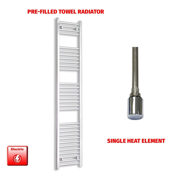 Single Heat Element 300 x 1800 Flat Chrome Pre-Filled Electric Heated Towel Rail