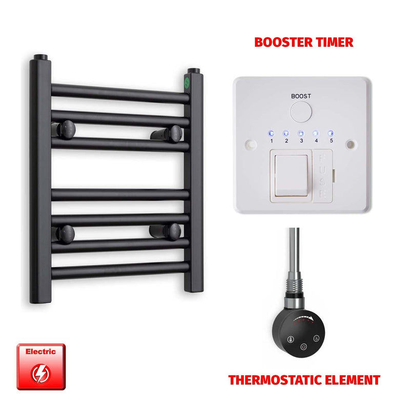 Thermostatic Element + Booster Timer 300 x 400mm Flat Black Pre-Filled Electric Towel Radiator