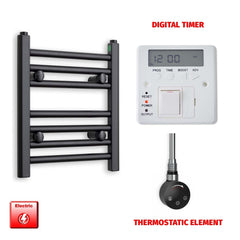 Thermostatic Element + Digital Timer 300 x 400mm Flat Black Pre-Filled Electric Towel Radiator