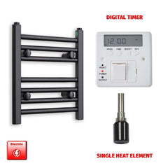 Single Heat Element + Digital Timer 300 x 400mm Flat Black Pre-Filled Electric Towel Radiator