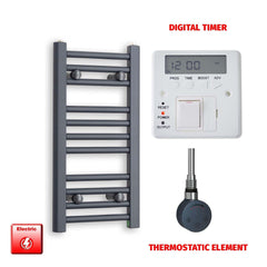 Thermostatic Element + Digital Timer 300 x 600mm Flat Anthracite Pre-Filled Electric Towel Rail