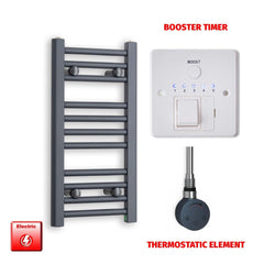Thermostatic Element + Booster Timer 300 x 600mm Flat Anthracite Pre-Filled Electric Towel Rail