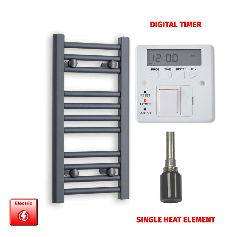 Single Heat Element + Digital Timer 300 x 600mm Flat Anthracite Pre-Filled Electric Towel Rail