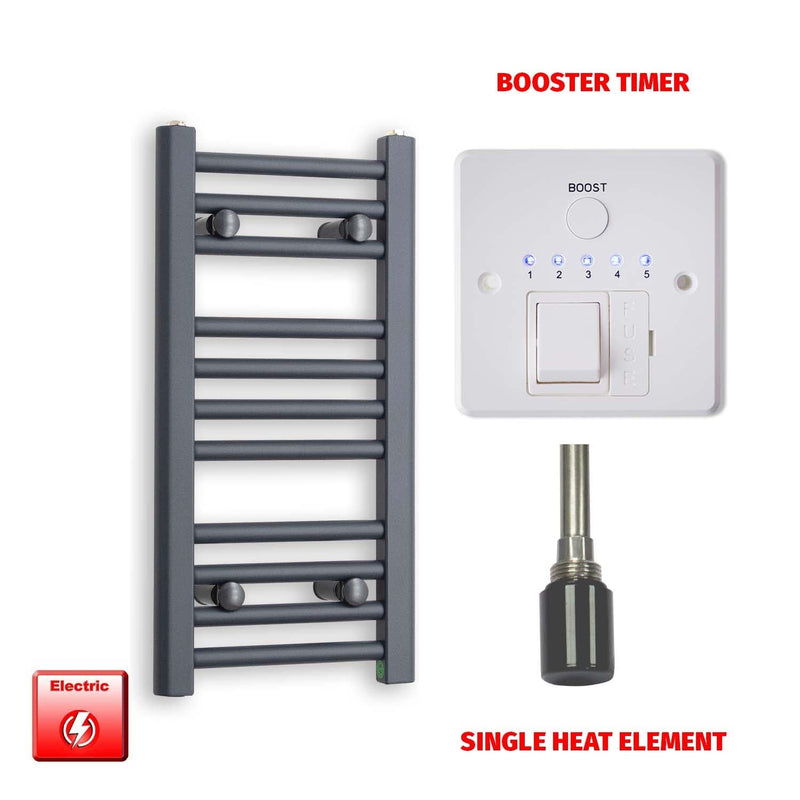 Single Heat Element + Booster Timer 300 x 600mm Flat Anthracite Pre-Filled Electric Towel Rail