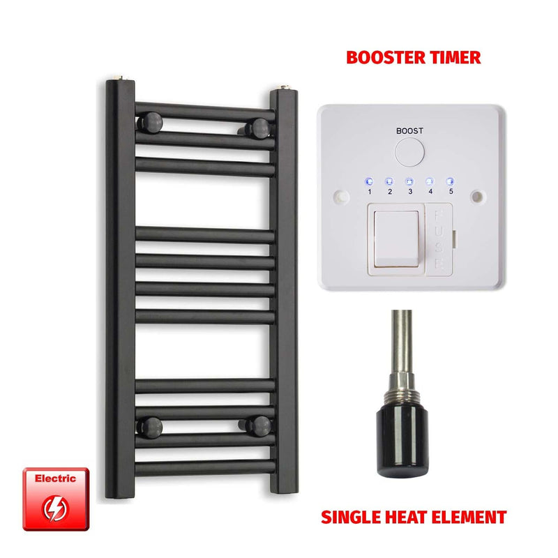 Single Heat Element + Booster Timer 300 x 600mm Flat Black Pre-Filled Electric Towel Radiator