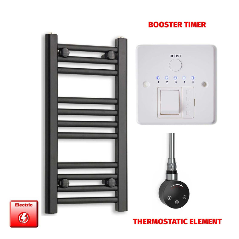 Thermostatic Element + Booster Timer 300 x 600mm Flat Black Pre-Filled Electric Towel Radiator
