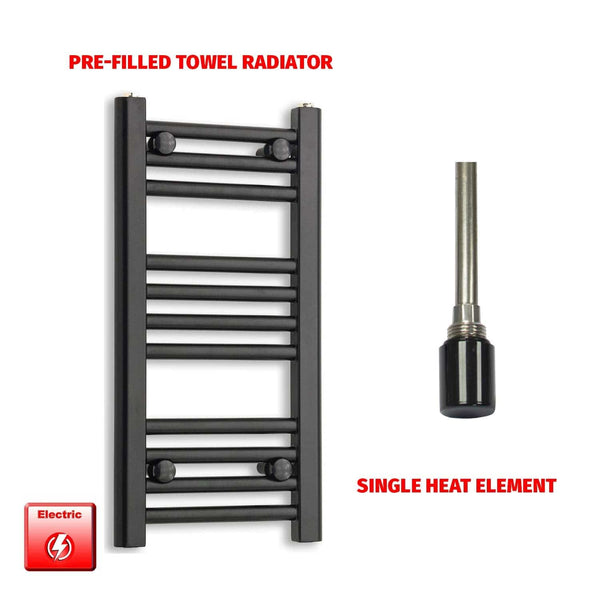 Single Heat Element 300 x 600mm Flat Black Pre-Filled Electric Towel Radiator