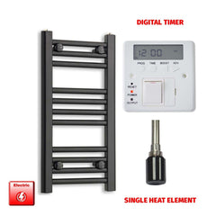 Single Heat Element + Digital Timer 300 x 600mm Flat Black Pre-Filled Electric Towel Radiator