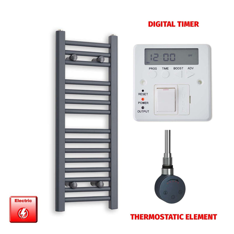 Thermostatic Element + Digital Timer 300 x 800 Flat Anthracite Pre-Filled Electric Towel Radiator