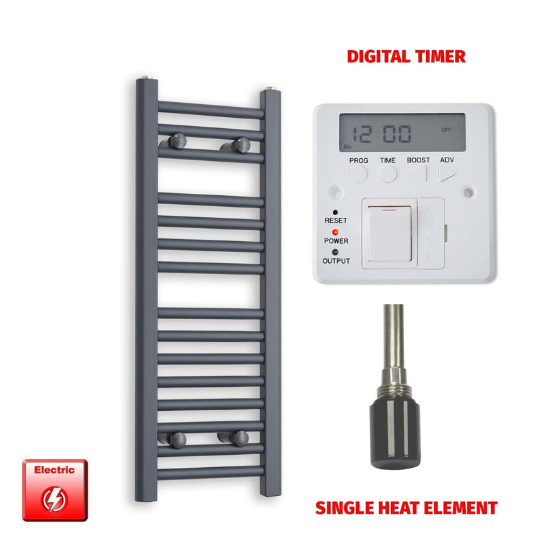 Single Heat Element + Digital Timer 300 x 800 Flat Anthracite Pre-Filled Electric Towel Radiator