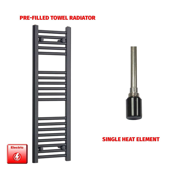 Single Heat Element 300 x 800mm Flat Black Pre-Filled Electric Towel Radiator