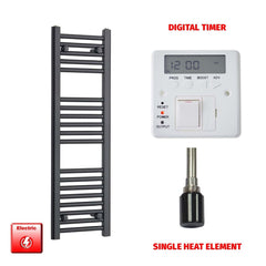 Single Heat Element + Digital Timer 300 x 800mm Flat Black Pre-Filled Electric Towel Radiator