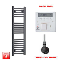 Thermostatic Element + Digital Timer 300 x 800mm Flat Black Pre-Filled Electric Towel Radiator