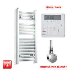 Thermostatic Element + Digital Timer 300 x 800mm Flat Chrome Pre-Filled Electric Towel Radiator