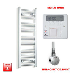 Thermostatic Element + Digital Timer 350 x 1000mm Flat Chrome Pre-Filled Electric Towel Radiator