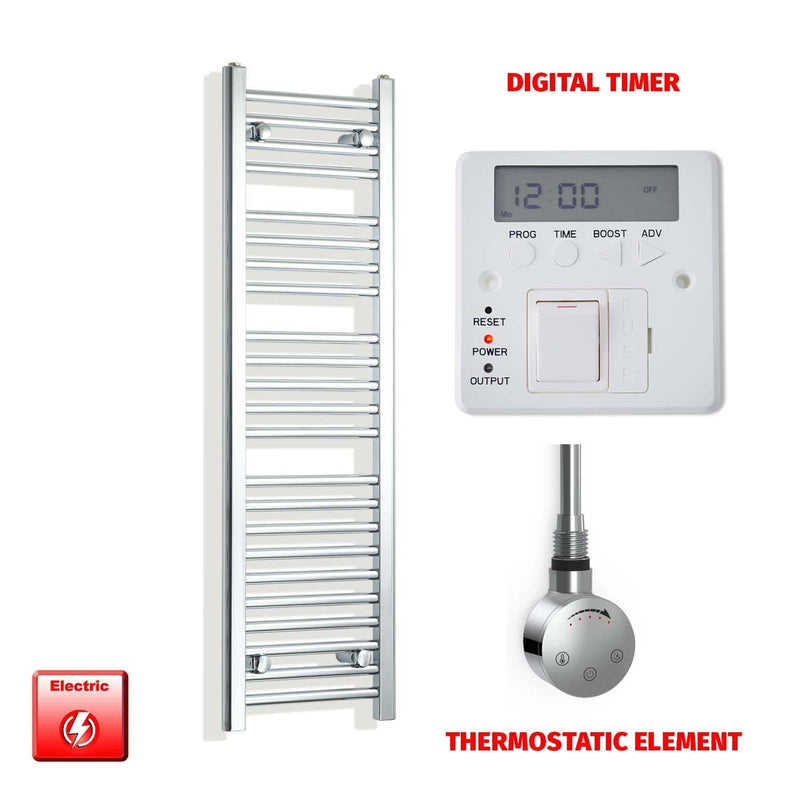 Thermostatic Element + Digital Timer 350 x 1200mm Flat Chrome Pre-Filled Electric Towel Radiator