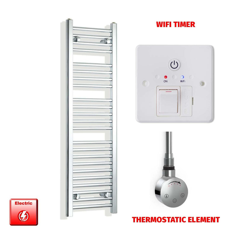 Thermostatic Element + Wifi Timer 350 x 1200mm Flat Chrome Pre-Filled Electric Towel Radiator