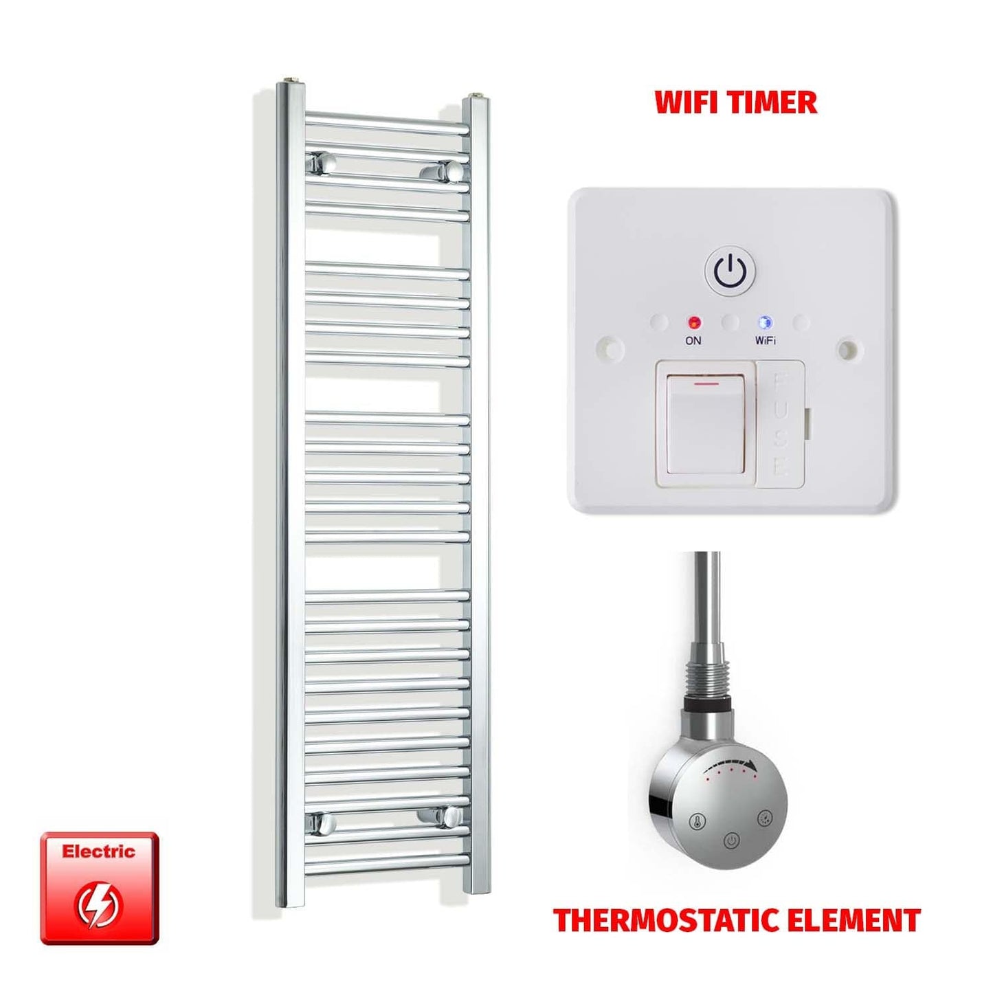 Thermostatic Element + Wifi Timer 350 x 1200mm Flat Chrome Pre-Filled Electric Towel Radiator
