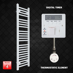 Thermostatic Element + Digital Timer 350 x 1200mm Flat White Pre-Filled Electric Towel Radiator