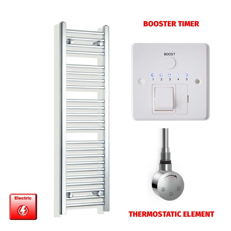 Thermostatic Element + Booster Timer 350 x 1400 Flat Chrome Pre-Filled Electric Heated Towel Rail
