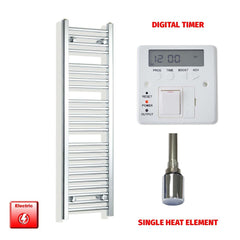 Single Heat Element + Digital Timer 350 x 1400 Flat Chrome Pre-Filled Electric Heated Towel Rail