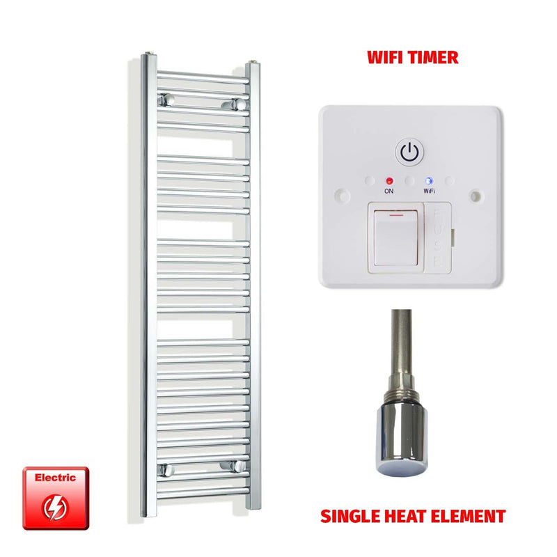 Single Heat Element + Wifi Timer 350 x 1400 Flat Chrome Pre-Filled Electric Heated Towel Rail