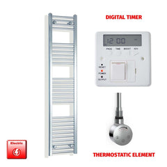 Thermostatic Element + Digital Timer 350 x 1600mm Flat Chrome Pre-Filled Electric Towel Radiator