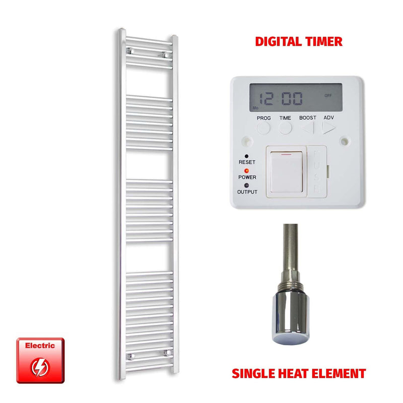 Single Heat Element + Digital Timer 350 x 1800 Flat Chrome Pre-Filled Electric Towel Radiator