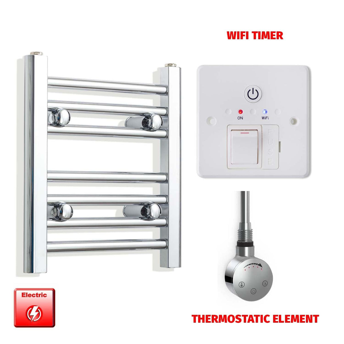Thermostatic Element + Wifi Timer 350 x 400 Flat Chrome Pre-Filled Electric Towel Radiator