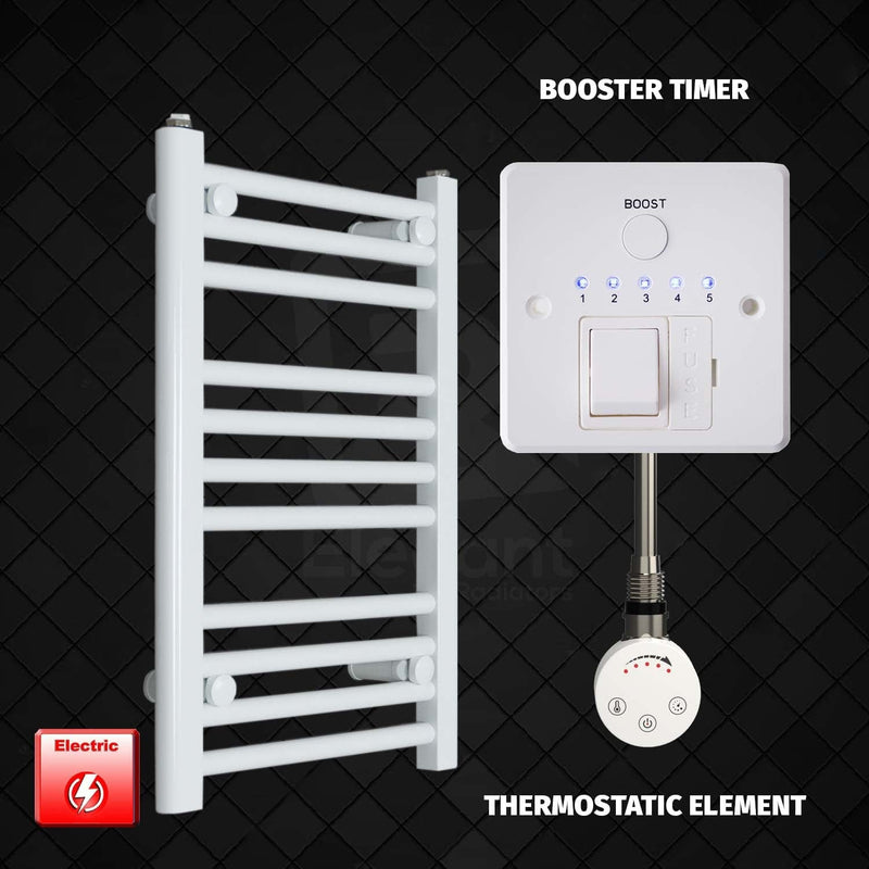Thermostatic Element + Booster Timer 350 x 600mm Flat White Pre-Filled Electric Towel Rail