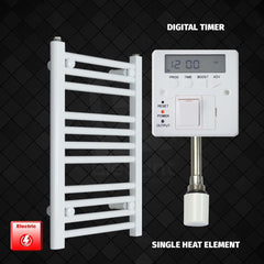 Single Heat Element + Digital Timer 350 x 600mm Flat White Pre-Filled Electric Towel Rail