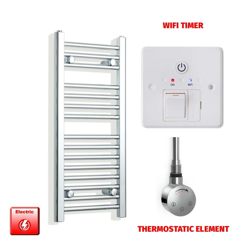 Thermostatic Element + Wifi Timer 350 x 800 Flat Chrome Pre-Filled Electric Towel Radiator