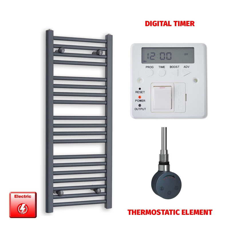 Thermostatic Element + Digital Timer 400 x 1000 Flat Anthracite Pre-Filled Electric Towel Rail