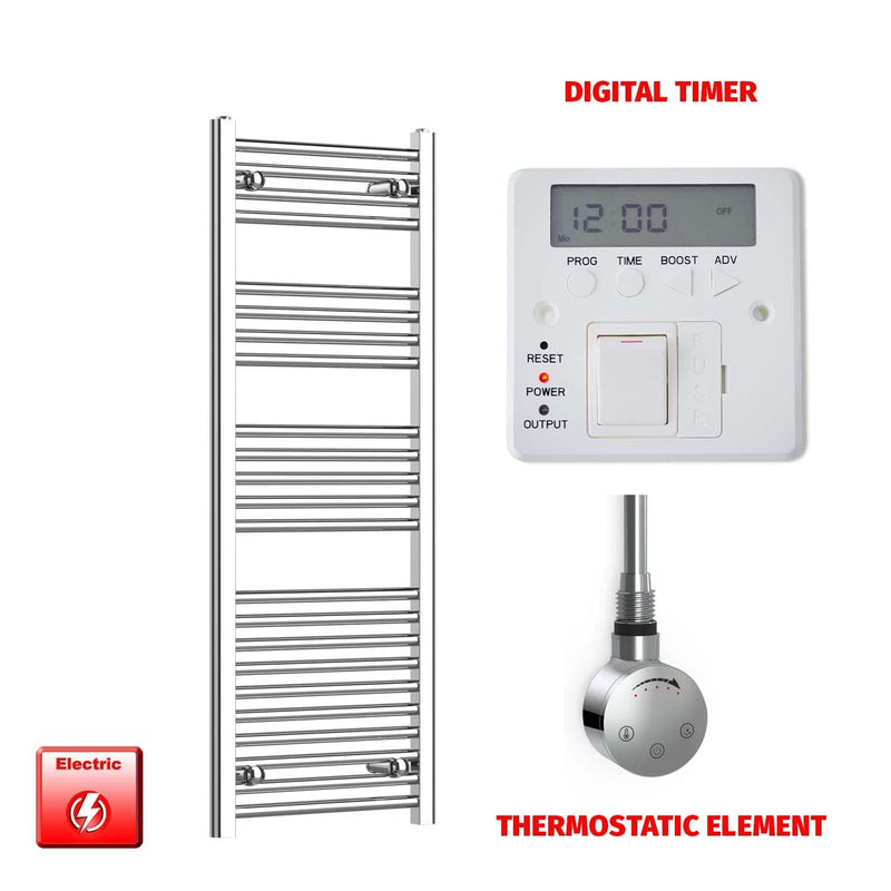 Straight / Thermostatic Element + Digital Timer 400 x 1200 Flat Chrome Pre-Filled Electric Towel Radiator