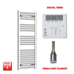 Straight / Single Heat Element + Digital Timer 400 x 1200 Flat Chrome Pre-Filled Electric Towel Radiator